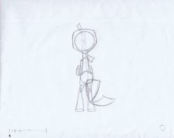 Size: 2000x1589 | Tagged: safe, artist:thatgraycartoonpony, pony, animated, bipedal, frame by frame, frown, looking back, monochrome, paper, rough sketch, simple background, sketch, traditional animation, traditional art, white background, wide eyes, wireframe