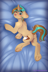 Size: 2000x3000 | Tagged: safe, artist:allisonbacker, oc, oc only, oc:demi, pony, unicorn, :p, adorasexy, bed, blushing, body pillow, body pillow design, butt, cute, high res, male, one eye closed, playful, plot, presenting, sexy, silly, solo, tongue out, underhoof, wink