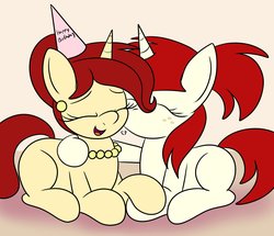 Size: 2048x1765 | Tagged: safe, artist:an-tonio, oc, oc only, oc:golden brooch, oc:silver draw, pony, unicorn, cheek kiss, cute, duo, earring, eyes closed, female, freckles, hair bun, happy birthday, hat, heart, jewelry, kissing, mare, mother and daughter, necklace, ocbetes, party hat, pearl earrings, pearl necklace, ponytail, prone, smiling