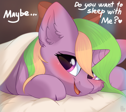Size: 3600x3200 | Tagged: safe, artist:alphadesu, oc, oc only, oc:sparkly breeze, pony, unicorn, bed, blanket, blushing, bow, cheek fluff, cloven hooves, cute, ear blush, ear fluff, female, high res, inviting, inviting you, mare, ocbetes, smiling, solo, ych result
