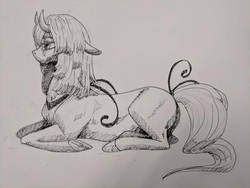 Size: 900x675 | Tagged: safe, artist:systemf4ilure, oc, oc only, oc:daemith, pony, female, horns, mare, monochrome, prone, solo, traditional art