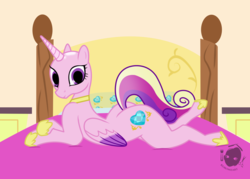 Size: 1280x917 | Tagged: safe, artist:bdromeart, princess cadance, alicorn, pony, g4, alternate hairstyle, bald, baldance, bed, butt, female, looking at you, lovebutt, lying down, lying on bed, mare, plot, pose, presenting, shaved head