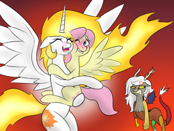 Size: 1600x1200 | Tagged: safe, artist:banebuster, daybreaker, discord, fluttershy, alicorn, draconequus, pegasus, pony, adorascotch, adoreris, all the mares tease butterscotch, angry, blushing, butterbreaker, butterscotch, butterscotch gets all the mares, cheek squish, clenched fist, cross-popping veins, cuddling, cute, diabreaker, discordia, envy, eris, eyes closed, female, fire hair, flutterbreaker, gradient background, gritted teeth, half r63 shipping, hips, holding a pony, hug, jealous, love, lucky bastard, male, mane of fire, missing accessory, open mouth, rule 63, rule63betes, shipping, smiling, spread wings, squishy cheeks, straight, sweat, sweatdrops, this will end in petrification, this will end in tears and/or a journey to the moon, wall of tags, wingboner, wings, worried, yandere, yanderecord, yanderis