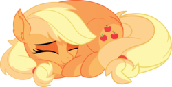 Size: 8681x4418 | Tagged: safe, artist:aureai-sketches, artist:cyanlightning, applejack, earth pony, pony, g4, .svg available, absurd resolution, cute, ear fluff, eyes closed, female, jackabetes, lying down, mare, missing accessory, prone, simple background, sleeping, smiling, solo, transparent background, vector