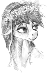 Size: 573x848 | Tagged: safe, artist:systemf4ilure, oc, oc only, oc:ciid, pony, bust, female, floral head wreath, flower, mare, monochrome, portrait, solo, traditional art