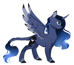 Size: 1280x1129 | Tagged: safe, artist:lattefox3, princess luna, alicorn, pony, g4, alternate design, chest fluff, colored ears, colored hooves, colored wings, colored wingtips, curved horn, cute, ethereal mane, female, horn, leonine tail, lunabetes, mare, multicolored wings, profile, redesign, solo, starry mane, tail fluff, wing fluff