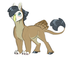 Size: 1032x841 | Tagged: safe, artist:vindhov, oc, oc only, hippogriff, hybrid, hair over one eye, interspecies offspring, offspring, parent:apple bloom, parent:gabby, parent:gabbybloom, simple background, solo, tail feathers, white background, wingless