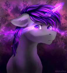 Size: 1300x1422 | Tagged: safe, artist:hakaina, oc, oc only, oc:darkened fallout, pony, unicorn, bust, glowing eyes, glowing horn, horn, looking at you, magic, male, solo, stallion