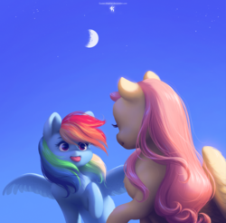 Size: 1749x1721 | Tagged: safe, artist:katputze, fluttershy, rainbow dash, pegasus, pony, g4, :p, crescent moon, cute, dashabetes, duo, facing away, female, looking at each other, mare, moon, silly, silly pony, sky, smiling, spread wings, tongue out, wings