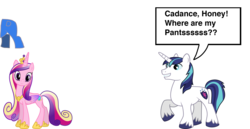 Size: 1919x989 | Tagged: safe, artist:optimusbroderick83, princess cadance, shining armor, g4, clothes, crossover, dialogue, lego, pants, parody, simple background, the lego movie, transparent background