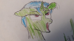 Size: 4128x2322 | Tagged: safe, artist:joeydr, oc, oc only, oc:green byte, pony, unicorn, ahegao, ahego meme, bust, floppy ears, lidded eyes, male, meme, nut, open mouth, simple background, solo, stallion, tongue out, traditional art, white background