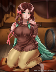 Size: 773x1000 | Tagged: safe, artist:racoonsan, yona, human, season 8, adorasexy, alternate version paywall, anime, barrel, boots, bow, breasts, busty yona, clothes, cute, female, humanized, kneeling, lidded eyes, loose hair, older, sexy, shoes, smiling, solo, thighs, thunder thighs, yonadorable