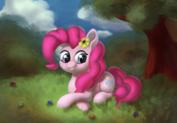 Size: 3896x2718 | Tagged: safe, artist:coldmix, pinkie pie, earth pony, pony, g4, cloud, cute, diapinkes, female, flower, flower in hair, high res, mare, prone, sky, smiling, solo, tree