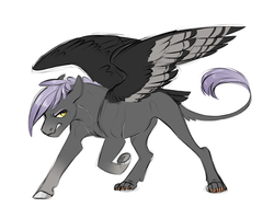 Size: 2500x2000 | Tagged: safe, artist:vindhov, oc, oc only, hippogriff, hybrid, angry, commission, crack ship offspring, female, high res, interspecies offspring, leonine tail, mare, offspring, parent:gilda, parent:limestone pie, parents:gildastone, raised hoof, realistic horse legs, simple background, solo, white background