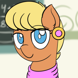Size: 1280x1280 | Tagged: safe, artist:ashtoneer, ms. harshwhinny, pony, g4, blurry background, bust, chalkboard, eye clipping through hair, female, ms. cutewhinny, no pupils, portrait, solo