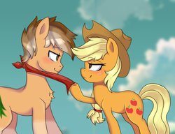 Size: 3906x3000 | Tagged: safe, artist:php172, artist:spackle, applejack, oc, oc:buck evergreen, earth pony, pony, g4, bandana, bedroom eyes, blushing, canon x oc, clothes, cloud, collaboration, couple, cowboy hat, female, hat, heart eyes, high res, hoof hold, looking at each other, male, mare, markings, ponytail, pulling, sky, smiling, stallion, wingding eyes