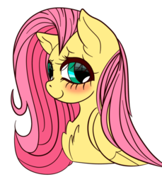 Size: 900x981 | Tagged: safe, artist:internetwaifu, fluttershy, pegasus, pony, g4, blushing, bust, chest fluff, cute, ear fluff, female, folded wings, looking at you, mare, portrait, shyabetes, simple background, smiling, solo, three quarter view, transparent background, wings