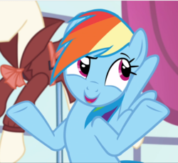 Size: 1031x942 | Tagged: safe, screencap, rainbow dash, pegasus, pony, g4, rarity investigates, cropped, dreamworks face, female, mare, open mouth, raised eyebrow, raised hoof, shrug, smiling, solo, spread wings, underhoof, wings