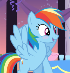 Size: 905x939 | Tagged: safe, screencap, rainbow dash, pegasus, pony, g4, rarity investigates, blushing, cropped, cute, dashabetes, female, flying, hooves behind head, mare, open mouth, smiling, solo, spread wings, wings