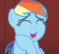 Size: 1016x936 | Tagged: safe, screencap, rainbow dash, pegasus, pony, g4, rarity investigates, close-up, cropped, cute, dashabetes, eyes closed, female, hooves together, mare, open mouth, smiling, solo