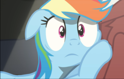 Size: 1468x939 | Tagged: safe, screencap, rainbow dash, pegasus, pony, g4, rarity investigates, cheek squish, close-up, cropped, female, floppy ears, mare, solo focus, squishy cheeks, wide eyes, worried