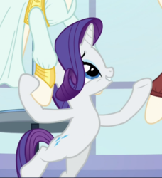 Size: 716x785 | Tagged: safe, screencap, rarity, pony, unicorn, g4, rarity investigates, bipedal, clothes, cropped, dress, female, looking up, mannequin, mare, raised hoof, solo