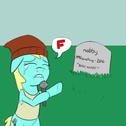 Size: 500x500 | Tagged: safe, artist:adwrynn, artist:unsavorydom, oc, oc only, oc:rapper mare, pony, beanie, crying, gravestone, hat, implied death, microphone, press f to pay respects, recolor, solo, speech bubble, tears of sadness