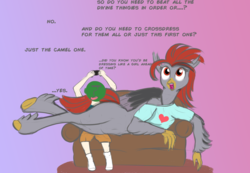 Size: 1304x904 | Tagged: safe, artist:cosmonaut, oc, oc:anon, oc:gwendlyn, hippogriff, human, anonymous, clothes, female, gamer, jewelry, male, necklace, on side, quadrupedal, shirt, shorts, size difference, the legend of zelda, the legend of zelda: breath of the wild, video game