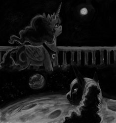 Size: 5051x5371 | Tagged: safe, artist:misstwipietwins, nightmare moon, princess luna, pony, g4, crying, monochrome, moon, story in the source, story included
