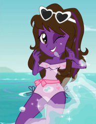 Size: 2550x3300 | Tagged: safe, artist:violetfeather-oficial, artist:violetfeatheroficial, oc, oc only, oc:violet feather, equestria girls, g4, breasts, cleavage, clothes, day, equestria girls-ified, female, high res, one eye closed, one-piece swimsuit, solo, sunglasses, swimsuit, vector