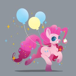 Size: 900x900 | Tagged: safe, artist:snow angel, pinkie pie, earth pony, pony, g4, balloon, chest fluff, cupcake, cute, diapinkes, female, food, gray background, grin, heart, looking at you, mare, mouth hold, prehensile mane, raised hoof, signature, simple background, smiling, solo, sparkles, trotting, underhoof