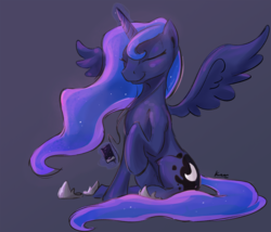 Size: 2198x1880 | Tagged: safe, artist:kam, princess luna, alicorn, pony, g4, dark background, eyes closed, female, mare, mp3 player, ponybooru import, raised hoof, simple background, sitting, solo, spread wings, wings, zune hd