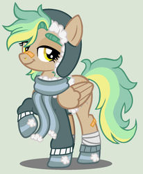 Size: 1024x1243 | Tagged: dead source, safe, artist:grumppanda, oc, oc only, oc:golden daze, pegasus, pony, clothes, female, jacket, mare, scarf, simple background, solo