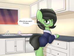 Size: 3000x2300 | Tagged: safe, artist:triplesevens, oc, oc only, oc:anon-mare, oc:filly anon, pony, angry, clothes, dialogue, female, filly, high res, kitchen, looking at you, older, solo, suit, tired
