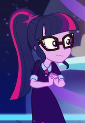 Size: 663x960 | Tagged: safe, screencap, sci-twi, twilight sparkle, equestria girls, equestria girls series, g4, twilight under the stars, spoiler:eqg series (season 2), cropped, female, glasses, nervous, ponytail, sci-twi outfits, solo, wavy mouth