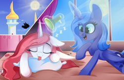 Size: 2362x1535 | Tagged: safe, artist:php97, princess celestia, princess luna, alicorn, pony, g4, :p, bed, canterlot castle, defenestration, duo, female, joke, magic, mare, megaphone, onomatopoeia, pillow, pink-mane celestia, prank, prankster luna, royal sisters, s1 luna, siblings, silly, sisters, sleeping, sound effects, telekinesis, this ended in pain, this will end in deafness, this will end in tears and/or a journey to the moon, tongue out, trolluna, zzz