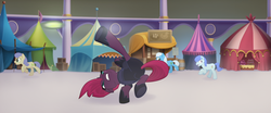 Size: 1920x802 | Tagged: safe, screencap, tempest shadow, pony, g4, my little pony: the movie, acrobatics, armor, background pony, broken horn, canterlot, eye scar, female, friendship festival, galloping, hoof shoes, horn, jumping, male, mare, market, mohawk, obsidian orb, running, scar, stallion, underhoof, unnamed character, unnamed pony