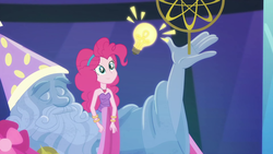 Size: 1920x1080 | Tagged: safe, screencap, pinkie pie, star swirl the bearded, equestria girls, g4, my little pony equestria girls: better together, twilight under the stars, astrolabe, bare shoulders, lightbulb, sleeveless, statue of star swirl, strapless
