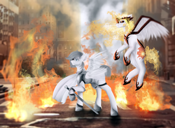 Size: 3780x2770 | Tagged: source needed, safe, artist:snjbrsetish, daybreaker, oc, oc:light knight, alicorn, pegasus, pony, g4, armor, city, cloak, clothes, fire, flying, high res, missing eye, pegasus oc, sword, weapon