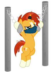 Size: 1055x1457 | Tagged: safe, artist:php103, sunburst, pony, unicorn, g4, bondage, bound and gagged, captured, chains, cloth gag, cuffs, gag, horn, horn ring, magic suppression, male, malesub, shackles, show accurate, simple background, solo, submissive, transparent background