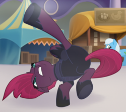 Size: 670x591 | Tagged: safe, screencap, tempest shadow, earth pony, pony, unicorn, g4, my little pony: the movie, acrobatics, background pony, broken horn, cropped, eye scar, female, horn, kicking, mare, scar, solo focus, underhoof, unnamed character, unnamed pony