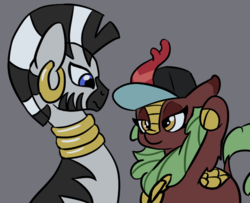 Size: 575x466 | Tagged: safe, artist:lockhe4rt, cinder glow, summer flare, zecora, kirin, zebra, g4, background kirin, cap, cloven hooves, confused, eye contact, female, frown, gray background, hat, lidded eyes, looking at each other, mare, quadrupedal, simple background, smiling