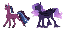 Size: 3916x1792 | Tagged: safe, artist:vindhov, oc, oc only, bat pony, pony, unicorn, braid, colored hooves, commission, curved horn, duo, fangs, female, half-siblings, horn, long feather, magical lesbian spawn, mare, offspring, parent:princess luna, parent:tempest shadow, parent:twilight sparkle, parents:tempestlight, parents:tempestluna, ponytail, simple background, sisters, unshorn fetlocks, white background