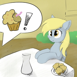 Size: 1658x1656 | Tagged: safe, artist:d.w.h.cn, derpy hooves, pegasus, pony, worm, applebuck season, g4, baked bads, female, food, mare, muffin, scrunchy face, speech bubble, table