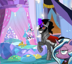 Size: 812x718 | Tagged: safe, artist:andypriceart, edit, edited screencap, idw, screencap, king sombra, princess flurry heart, radiant hope, alicorn, crystal pony, pony, unicorn, g4, season 9, the beginning of the end, spoiler:comic37, bed, bedroom, crystal ball, dark magic, evil grin, female, filly, grin, grogar's orb, magic, open mouth, radiant hope is indifferent to your misery, reaction image, smiling, telekinesis, unamused, upset