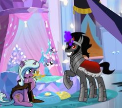 Size: 812x718 | Tagged: safe, artist:andypriceart, edit, edited screencap, idw, screencap, king sombra, princess flurry heart, radiant hope, alicorn, crystal pony, pony, unicorn, g4, the beginning of the end, spoiler:comic, bed, bedroom, cloak, clothes, crystal ball, dark magic, evil smile, female, filly, grin, grogar's orb, magic, open mouth, smiling, telekinesis, unamused