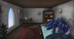 Size: 1920x1010 | Tagged: safe, artist:lunarmoonponi, princess luna, oc, oc:lunar moonie, pony, g4, bed, book, bookshelf, candle, duo, female, filly, inkwell, plant, quill, room, scroll, table, window