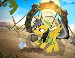 Size: 1000x774 | Tagged: safe, artist:pixelkitties, daring do, prince hisan, pegasus, pony, g4, archaeologist, female, mare, pyramid, shovel, solo, somnambula (location), stargate