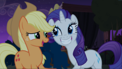 Size: 1667x938 | Tagged: safe, screencap, applejack, rarity, earth pony, pony, unicorn, g4, made in manehattan, big smile, cropped, cute, duo, female, freckles, grin, looking at each other, mare, open mouth, raribetes, smiling, teeth