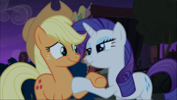 Size: 1669x939 | Tagged: safe, screencap, applejack, rarity, earth pony, pony, unicorn, g4, made in manehattan, season 5, cropped, duo, female, freckles, holding hooves, lidded eyes, looking at each other, mare, raised hoof, smiling, underhoof